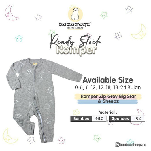 Baabaasheepz Bamboo Romper Zip Grey / Romper Anak Resleting Baabaasheepz