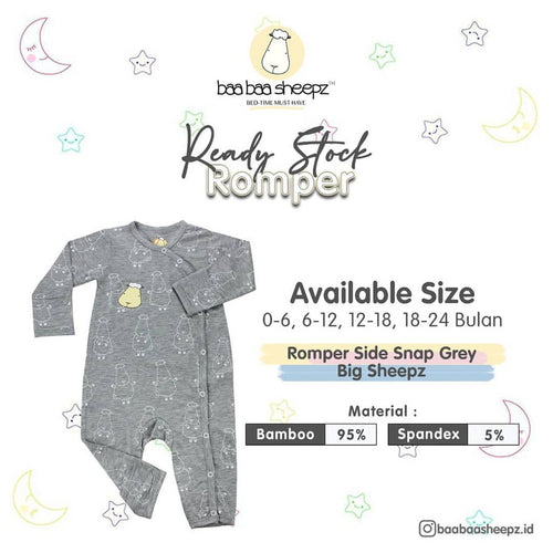 Baabaasheepz Bamboo Romper Side Snap Grey / Romper Kancing Kanan Anak Baabaasheepz