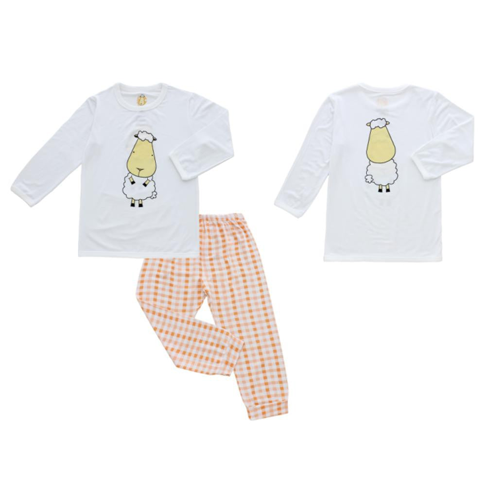 Pyjamas Set Bamboo White Front Back Sheepz + Orange Checker Baa Baa Sheepz / Piyama Anak