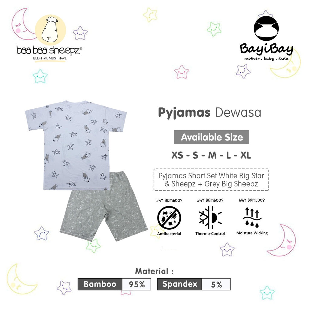 Pyjamas Set Bamboo Short Sleeve White Baa Baa Sheepz / Piyama Dewasa, Baju Tidur Baa Baa Sheepz