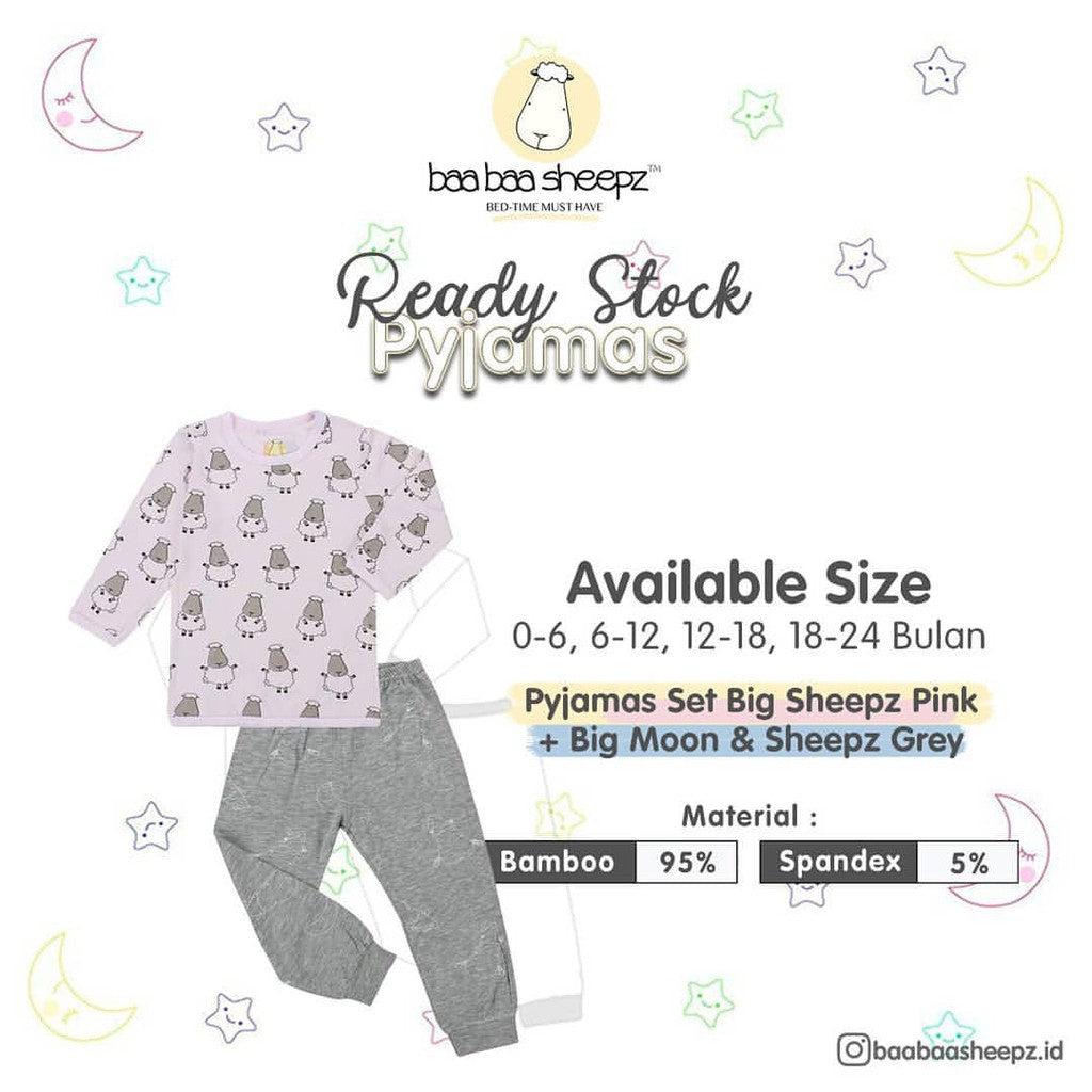 Pyjamas Set Bamboo Big Sheepz Pink Baa Baa Sheepz / Piyama Anak / Baju Tidur