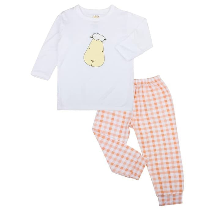 Pyjamas Set Bamboo White Front Back Sheepz + Orange Checker Baa Baa Sheepz / Piyama Anak