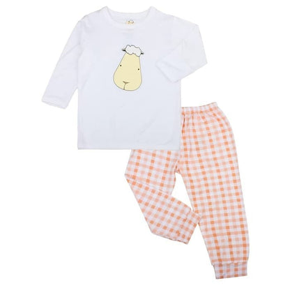 Pyjamas Set Bamboo White Front Back Sheepz + Orange Checker Baa Baa Sheepz / Piyama Anak
