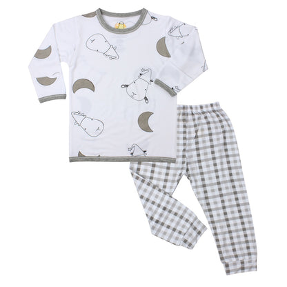 Pyjamas Set White Big Moon & Sheepz + Grey Checkers / Piyama Anaka Baabaasheepz