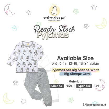 Pyjamas Bamboo Set White Big Sheepz  / Pyjamas Anak / Baju Tidur Anak Baa Baa Sheepz