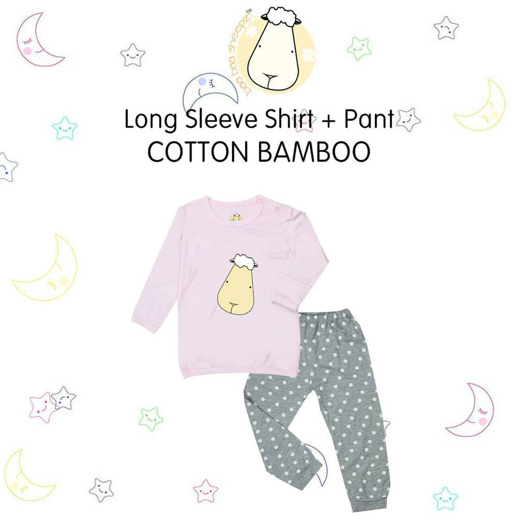 Pyjamas Set Bamboo Pink Big Face + Grey Polka Dot / Piyama Anak / Baju Tidur Baa Baa Sheepz