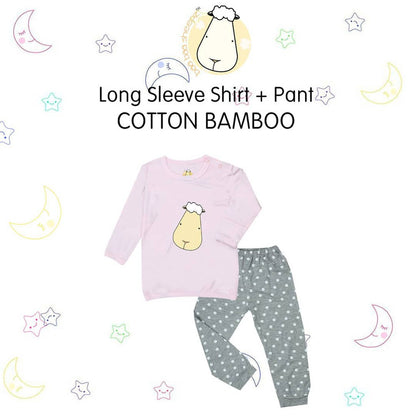 Pyjamas Set Bamboo Pink Big Face + Grey Polka Dot / Piyama Anak / Baju Tidur Baa Baa Sheepz
