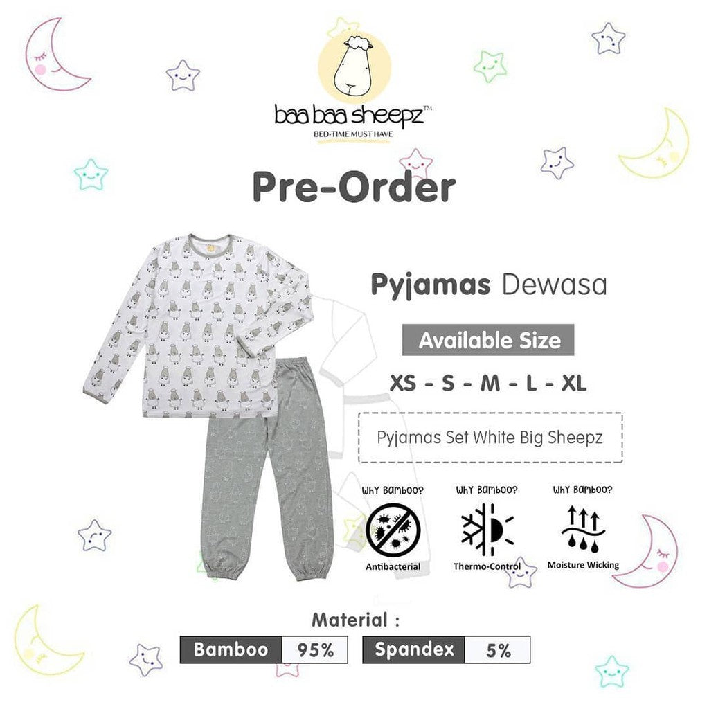Pyjamas Adult Long Sleeve Big Sheepz White Baa Baa Sheepz / Pyjamas Dewasa / Baju Tidur Baabaasheepz