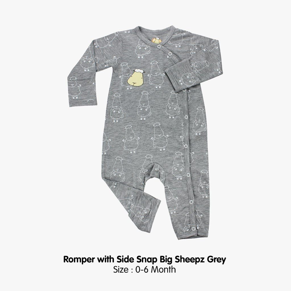 Baabaasheepz Bamboo Romper Side Snap Grey / Romper Kancing Kanan Anak Baabaasheepz