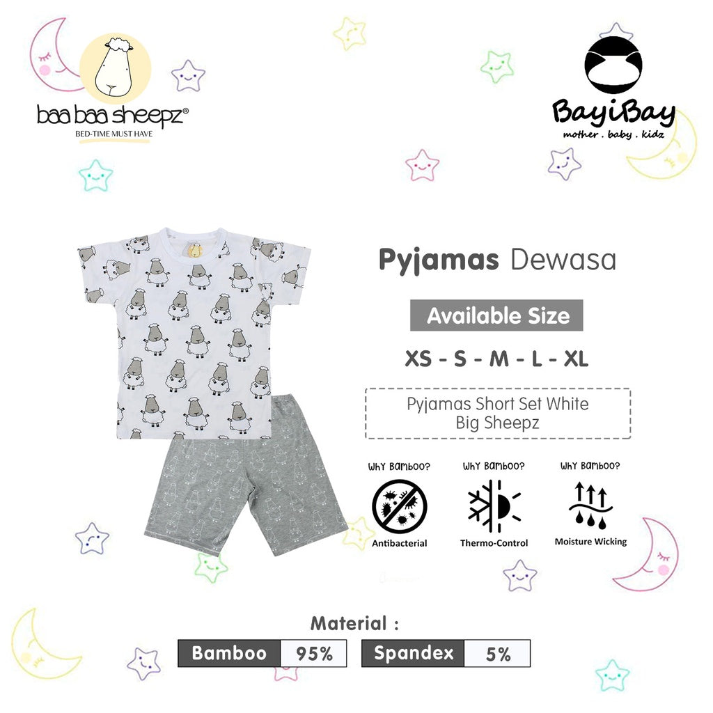 Pyjamas Set Bamboo Short Sleeve White Baa Baa Sheepz / Piyama Dewasa, Baju Tidur Baa Baa Sheepz