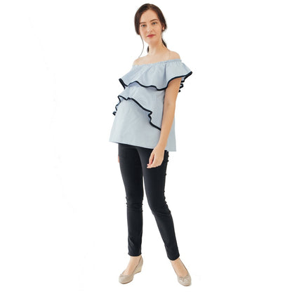 Bove Davina Off Shoulder Peplum Top Blue / Baju Menyusui Impor