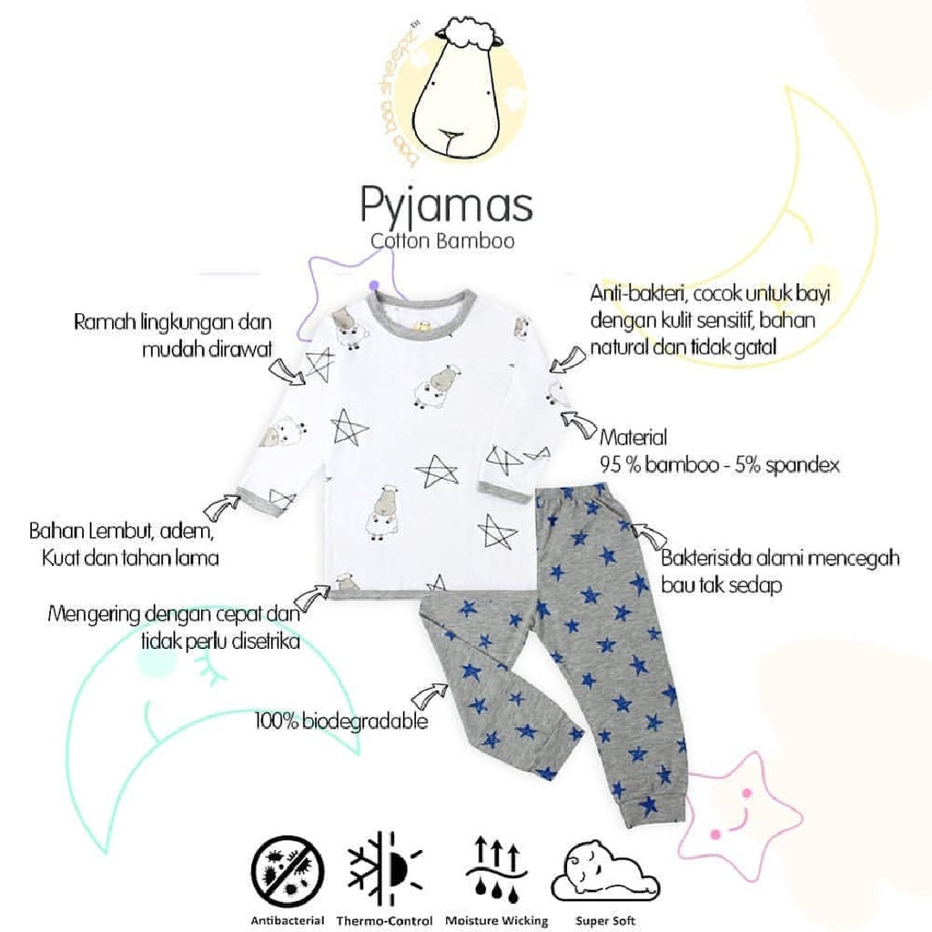Pyjamas Set White Big Moon & Sheepz + Grey Checkers / Piyama Anaka Baabaasheepz