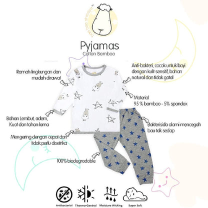 Pyjamas Set White Big Moon & Sheepz + Grey Checkers / Piyama Anaka Baabaasheepz