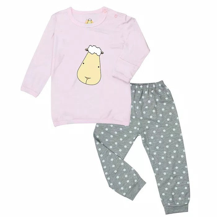 Pyjamas Set Bamboo Pink Big Face + Grey Polka Dot / Piyama Anak / Baju Tidur Baa Baa Sheepz