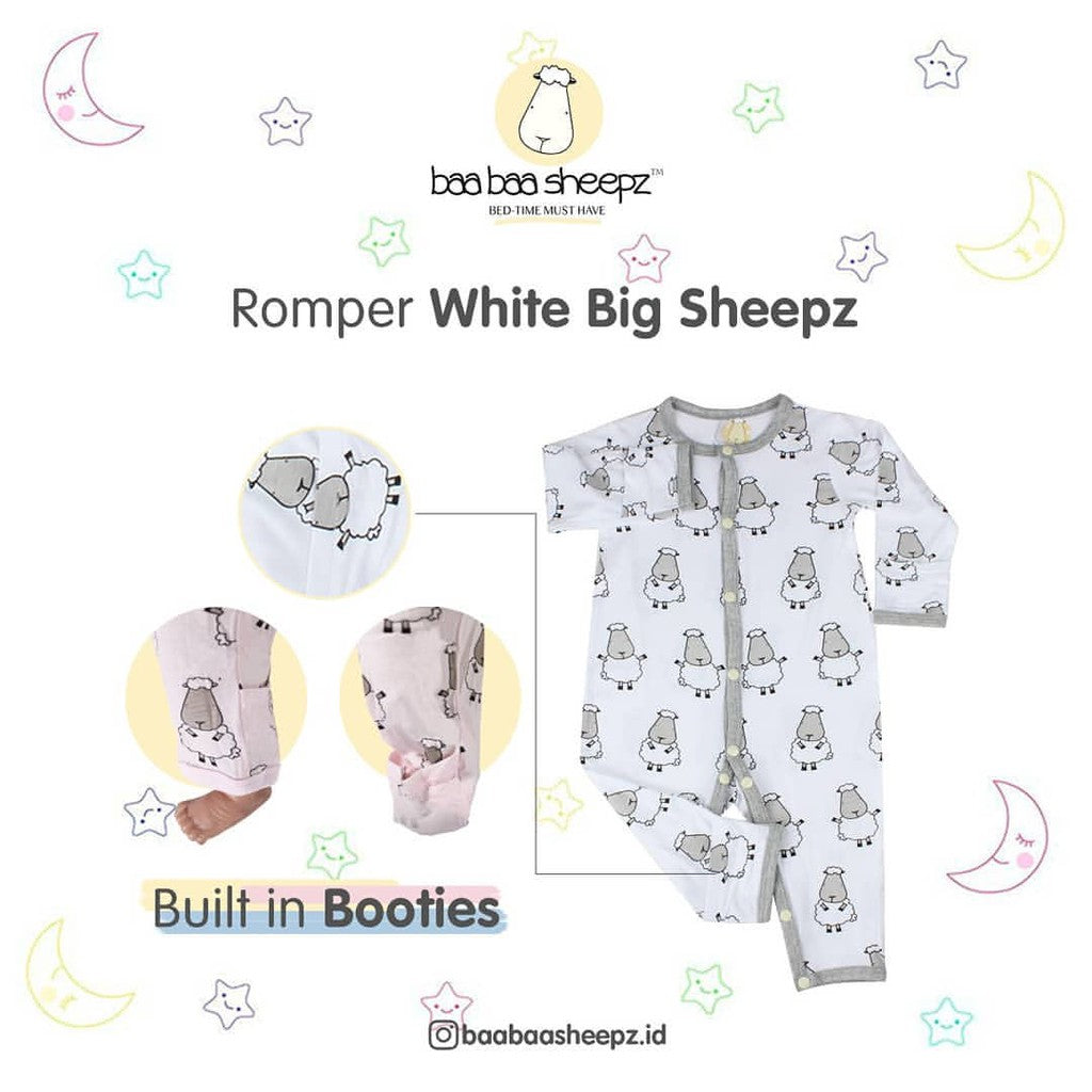 Romper White Big Sheepz Baabaasheepz / Romper Anak Baabaasheepz Lengan Panjang