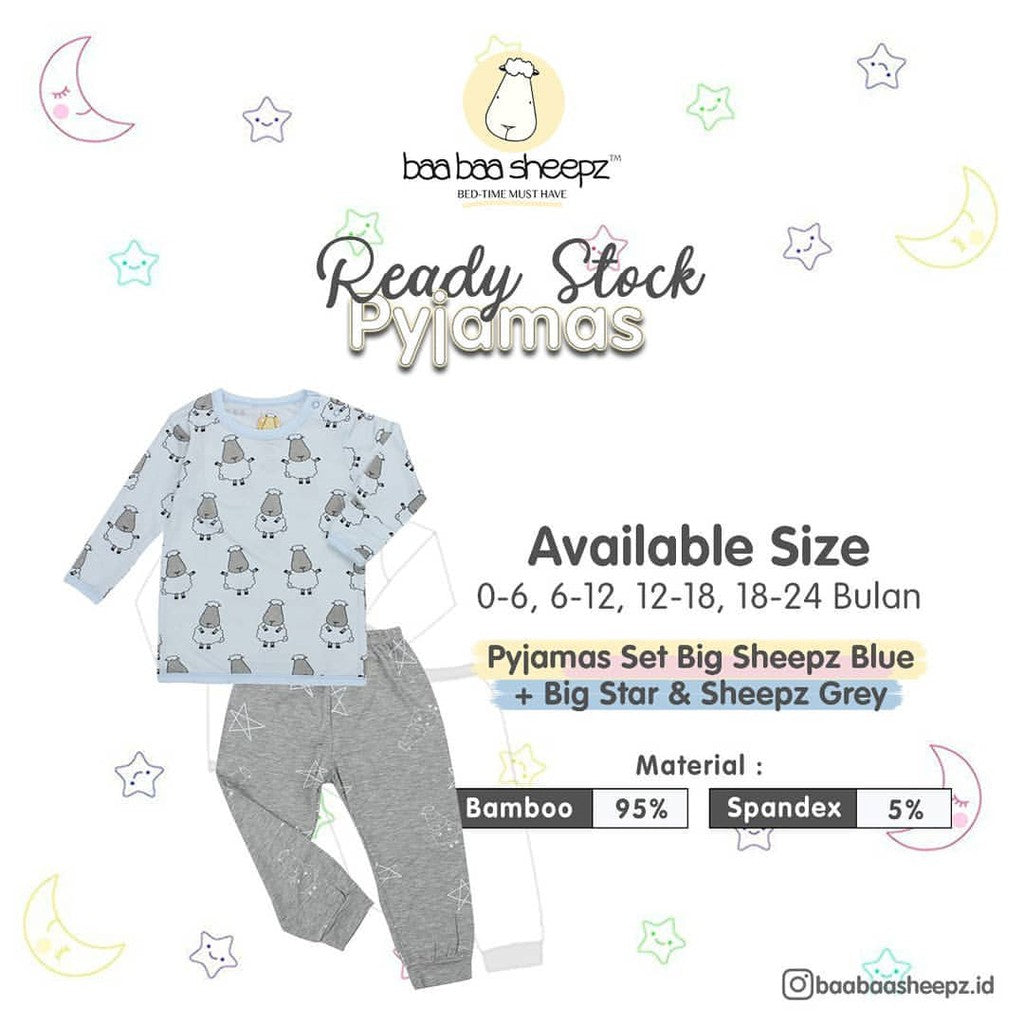 Pyjamas Set Bamboo Big Sheepz Blue + Big Star & Sheepz Grey Baa Baa Sheepz / Piyama Anak