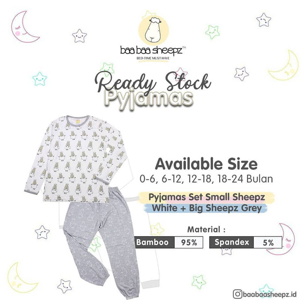 Pyjamas Set Bamboo White Small Sheepz Baa Baa Sheepz / Piyama Anak / Baju Tidur