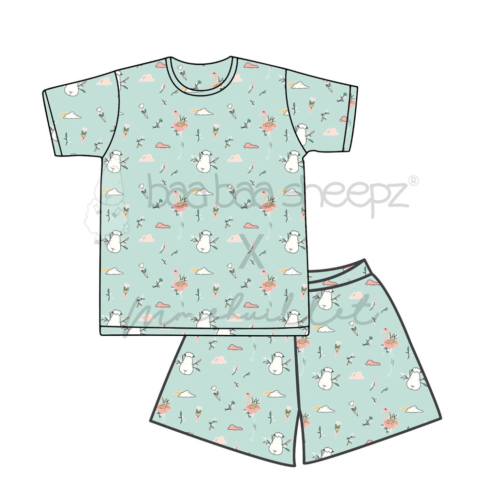 PYJAMAS SET SHORT SLEEVE SHIRT & PANTS FLAMINGO / PIYAMA DEWASA FLAMINGO BAABAASHEEPZ