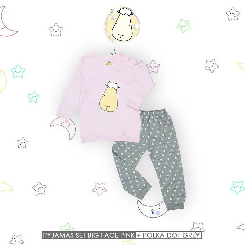 Pyjamas Set Bamboo Pink Big Face + Grey Polka Dot / Piyama Anak / Baju Tidur Baa Baa Sheepz