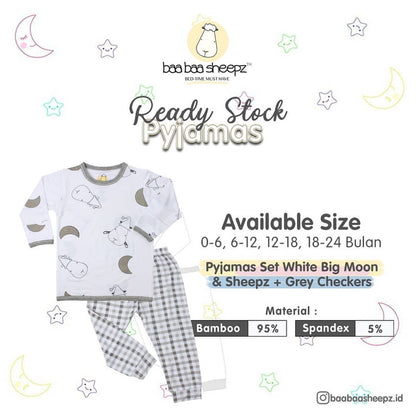 Pyjamas Set White Big Moon & Sheepz + Grey Checkers / Piyama Anaka Baabaasheepz