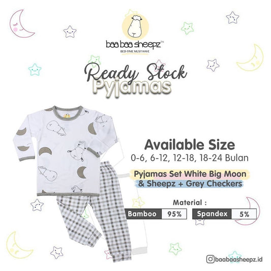 Pyjamas Set White Big Moon & Sheepz + Grey Checkers / Piyama Anaka Baabaasheepz
