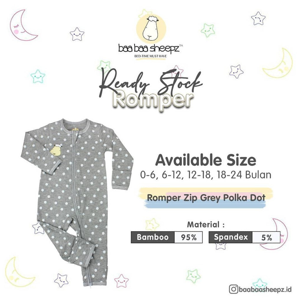 Baabaasheepz Bamboo Romper Zip Grey / Romper Anak Resleting Baabaasheepz