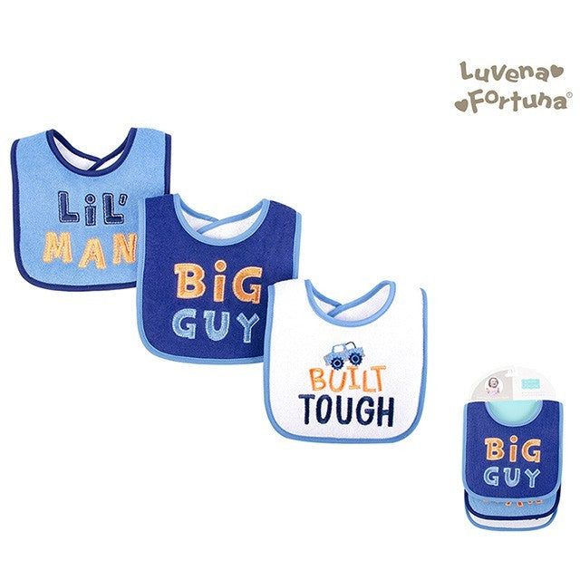 Luvena Fortuna 3 pk Terry Backed Bibs – Lil Man / Celemek Makan Bayi