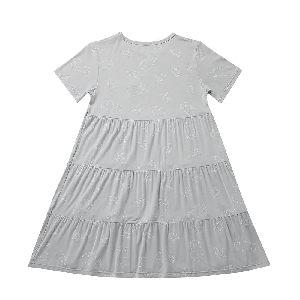 Baabaasheepz Tiered Dress Cute Big Star & Head Grey / Dress Anak - 3-4 tahun