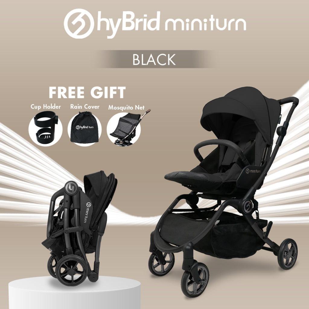 Hybrid Stroller Mini Turn Black Chassic Black (Include Raincover + Cup Holder + Front Armrest) / Stroller Anak