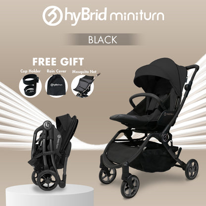 Hybrid Stroller Mini Turn Black Chassic Black (Include Raincover + Cup Holder + Front Armrest) / Stroller Anak