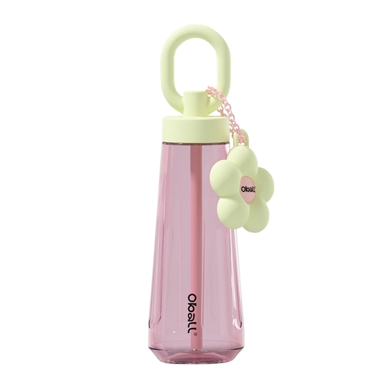 Oball Dopamine Tritan Botol Minum Perempuan dengan Keychain Bunga Lucu Gelas Bottles Kitchenware Minuman Silikon Water