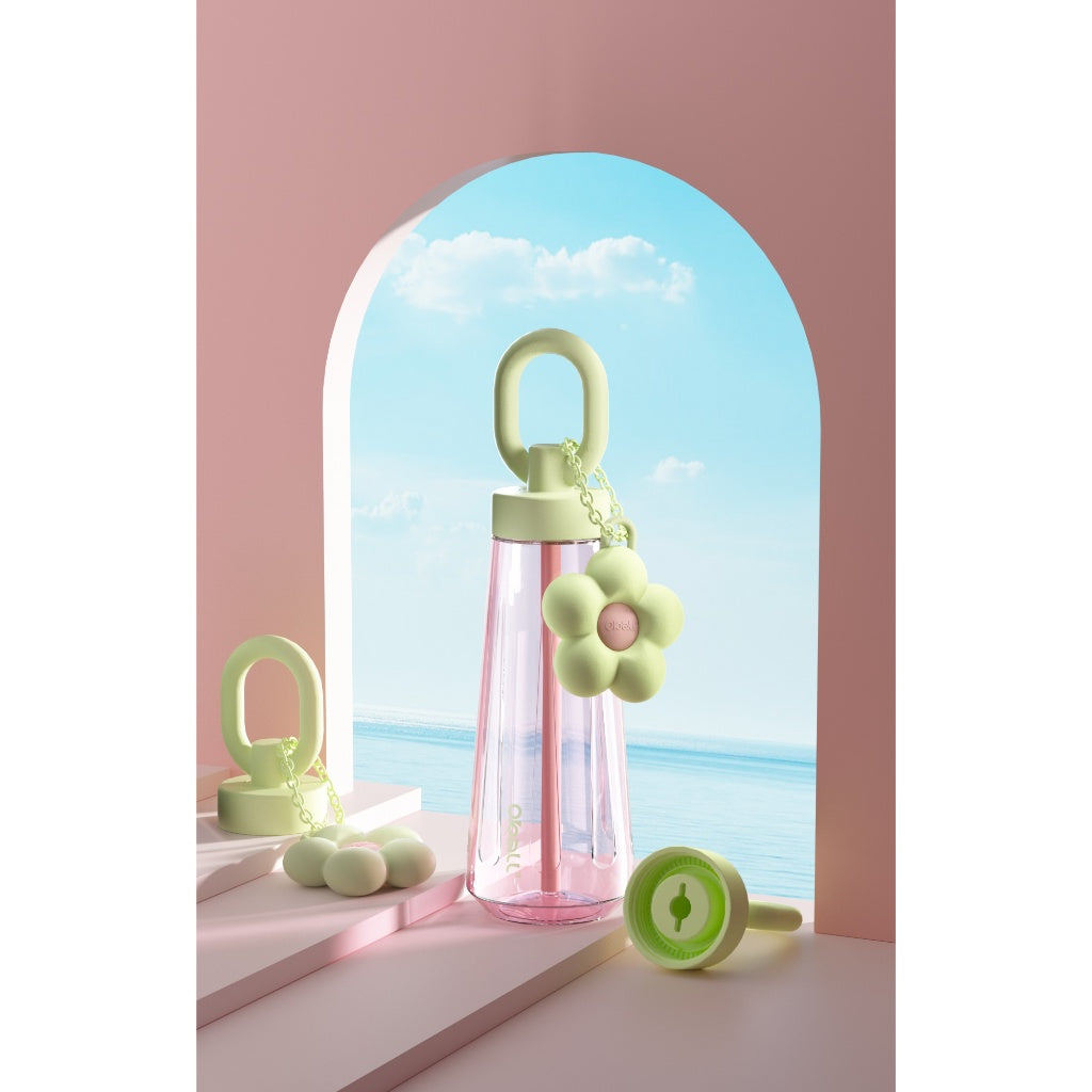 Oball Dopamine Tritan Botol Minum Perempuan dengan Keychain Bunga Lucu Gelas Bottles Kitchenware Minuman Silikon Water