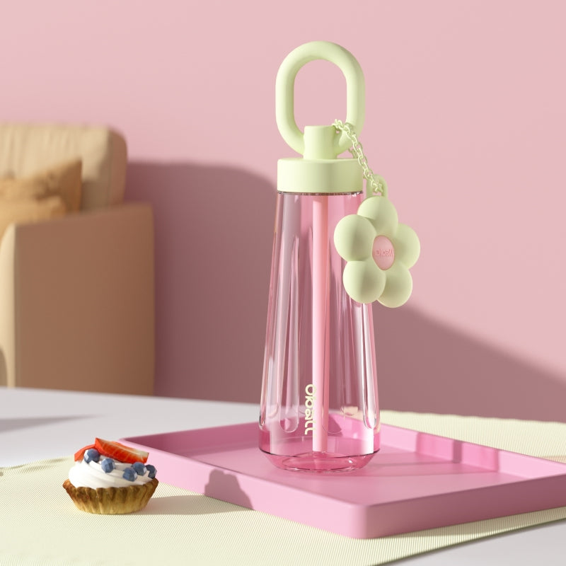 Oball Dopamine Tritan Botol Minum Perempuan dengan Keychain Bunga Lucu Gelas Bottles Kitchenware Minuman Silikon Water