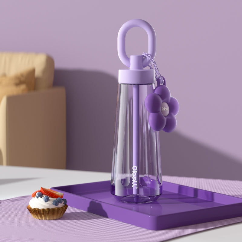 Oball Dopamine Tritan Botol Minum Perempuan dengan Keychain Bunga Lucu Gelas Bottles Kitchenware Minuman Silikon Water