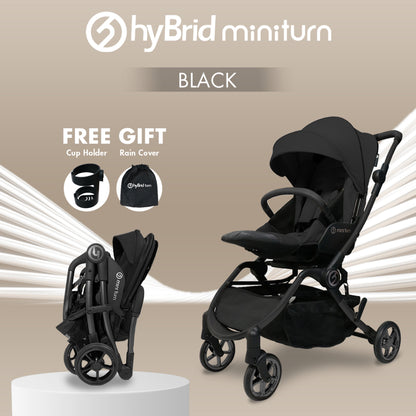 Hybrid Stroller Mini Turn Black Chassic Black (Include Raincover + Cup Holder + Front Armrest) / Stroller Anak