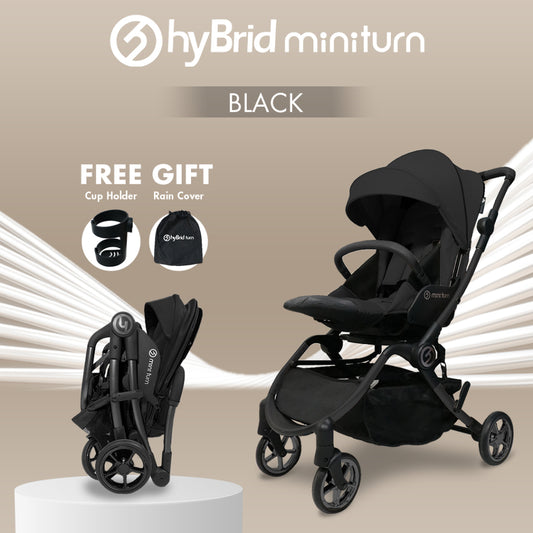 Hybrid Stroller Mini Turn Black Chassic Black (Include Raincover + Cup Holder + Front Armrest) / Stroller Anak