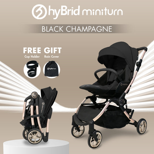 Hybrid Stroller Mini Turn Black Champagne Anodized Chassic (Include Raincover + Cup Holder + Front Armrest) / Stroller Anak