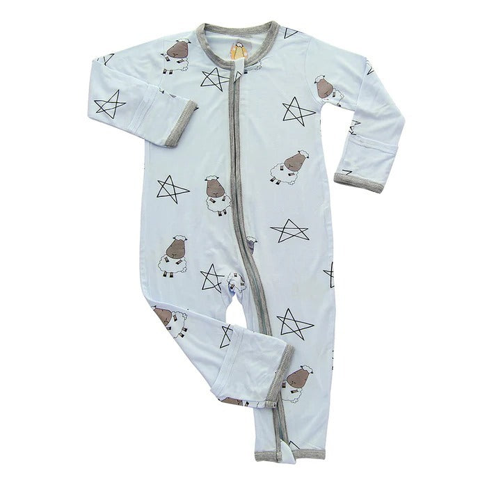 Baabaasheepz Romper Zip Big Star & Sheepz with Grey Border / Romper Zipper Anak